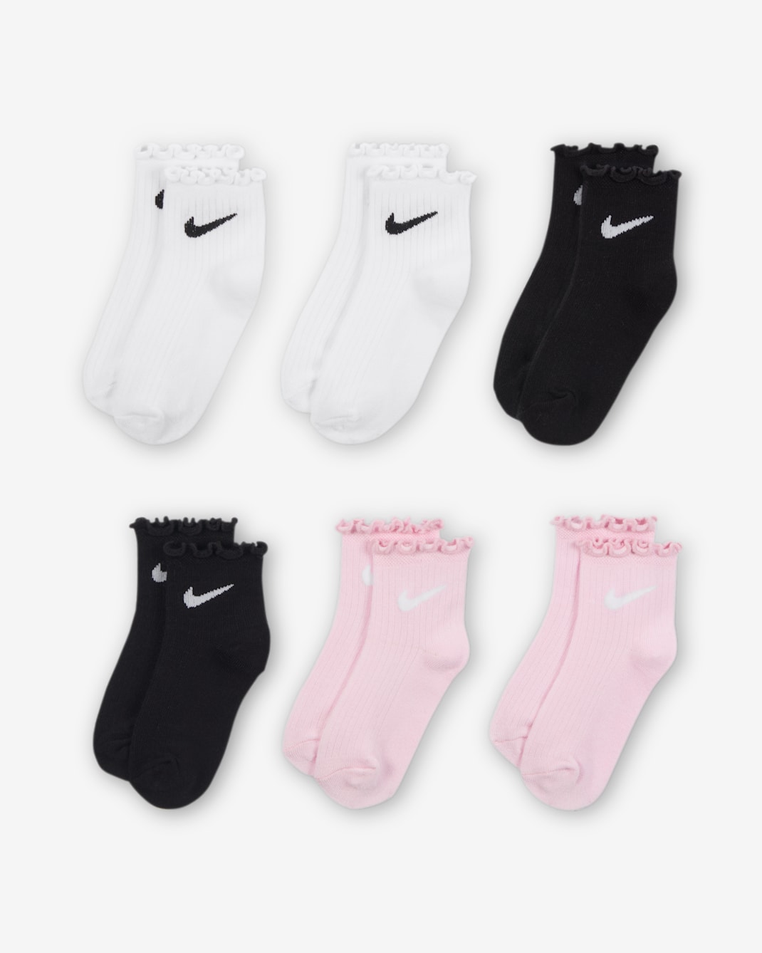 Calcetines hasta el tobillo con ribete tipo lechuga Nike para niños talla pequeña (6 pares) - Blanco