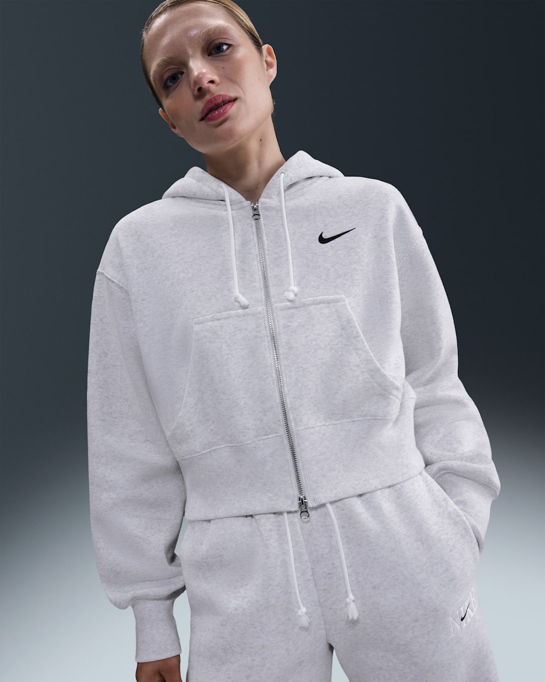 Nike Sportswear Phoenix Fleece Women's Loose Full-Zip Cropped Hoodie - Birch Heather/Black
