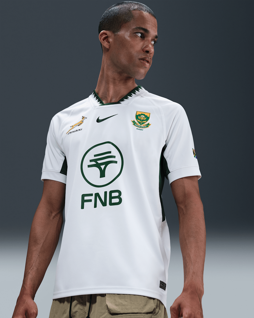 Springboks 2025/26 Stadium Away Nike Rugby idegenbeli replika férfimez - Fehér/Gorge Green