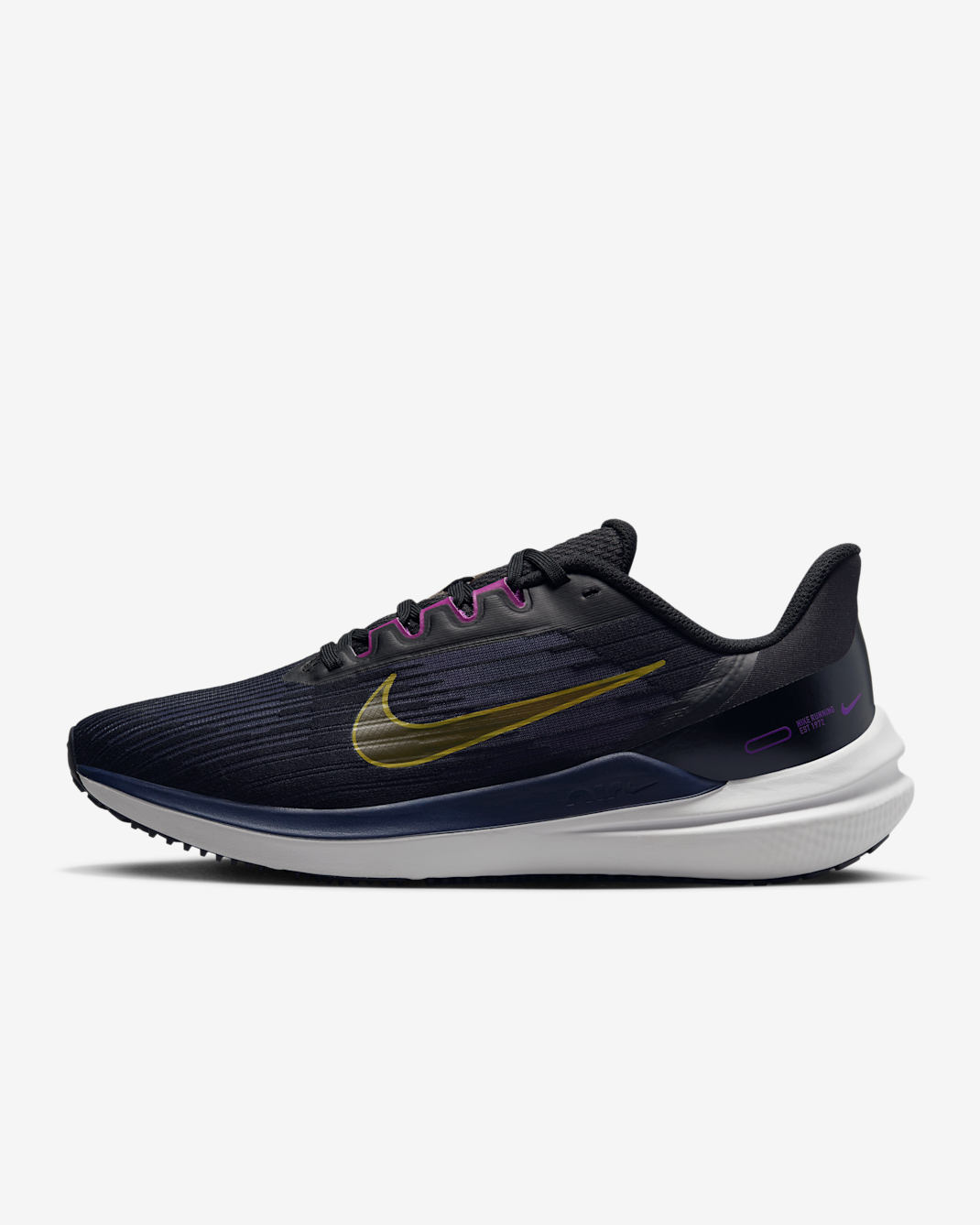 Nike Winflo 9 Men's Road Running Shoes - Black/Blackened Blue/Cave Purple/Gold Suede