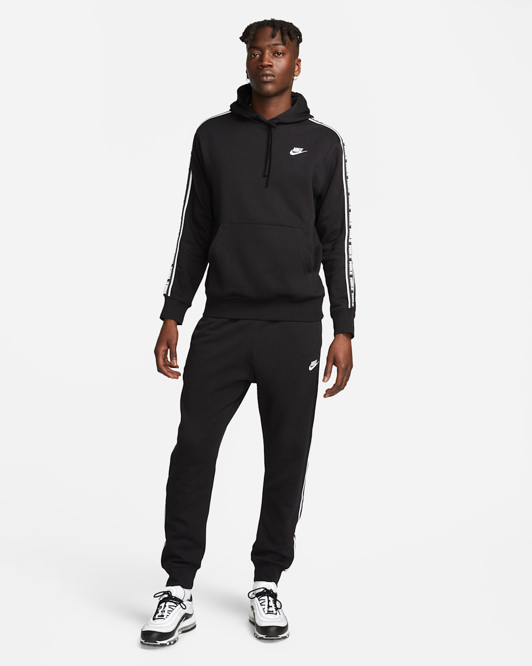 Męski dres z kapturem i grafiką Nike Club Fleece - Czerń/Biel
