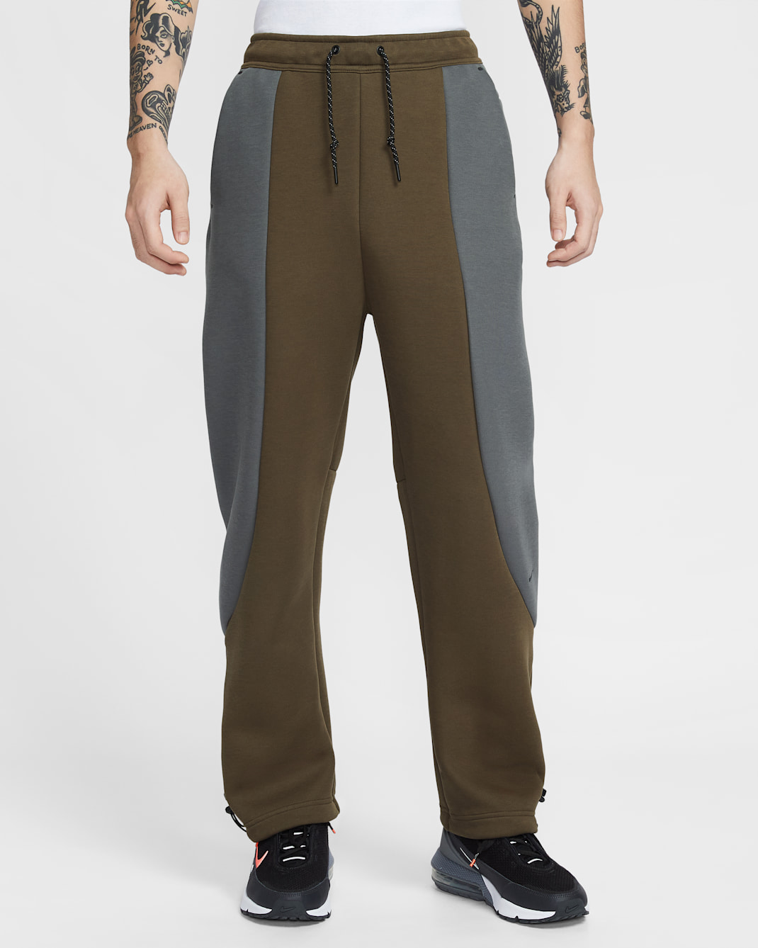 나이키 테크 남성 컬러 블록 오픈 헴 플리스 팬츠 - 다크 헤이즐/아이언 그레이/블랙