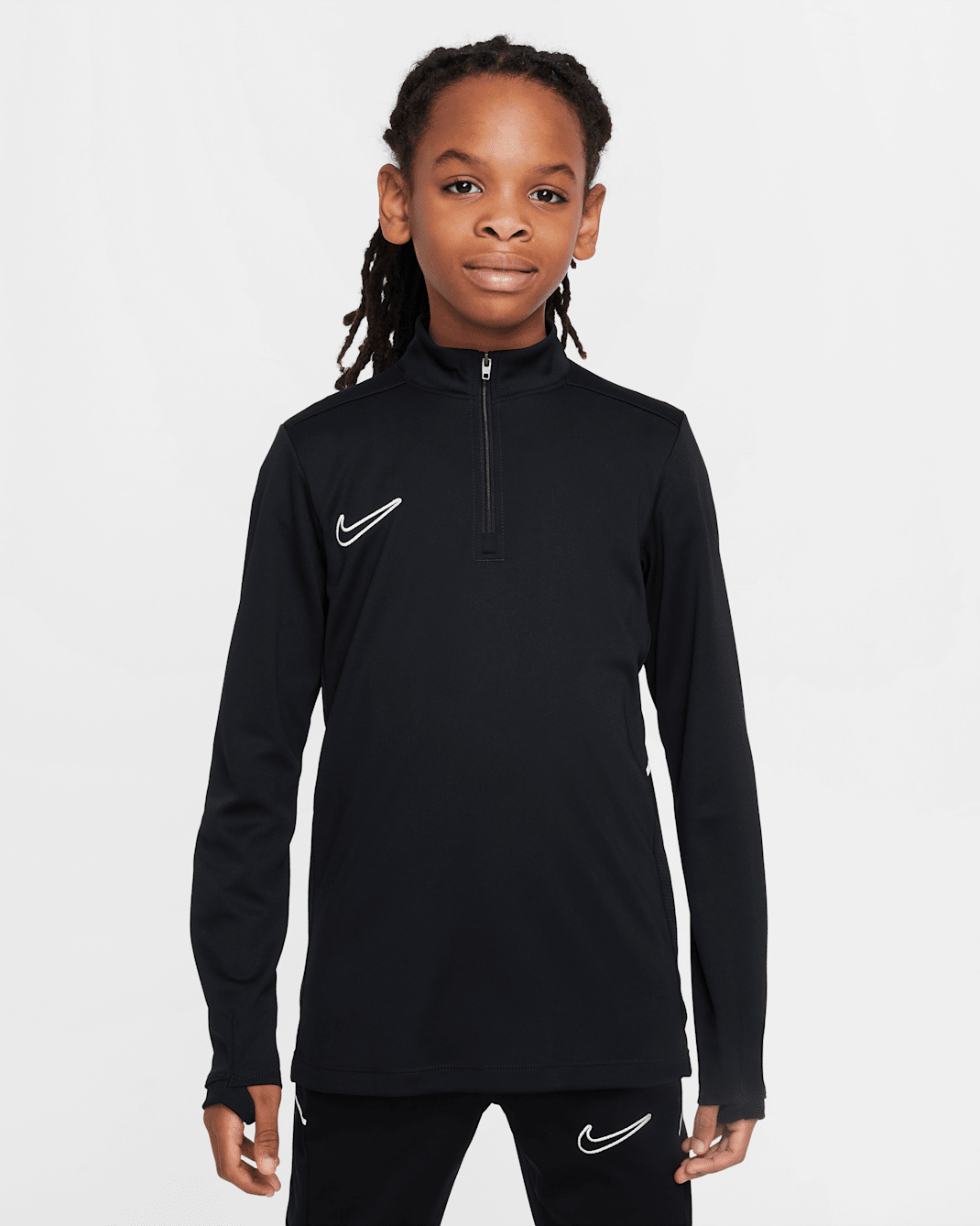 Playera de entrenamiento de fútbol de manga larga Dri-FIT de cierre 1/4 para niños talla grande Nike Academy - Negro/Negro/Blanco