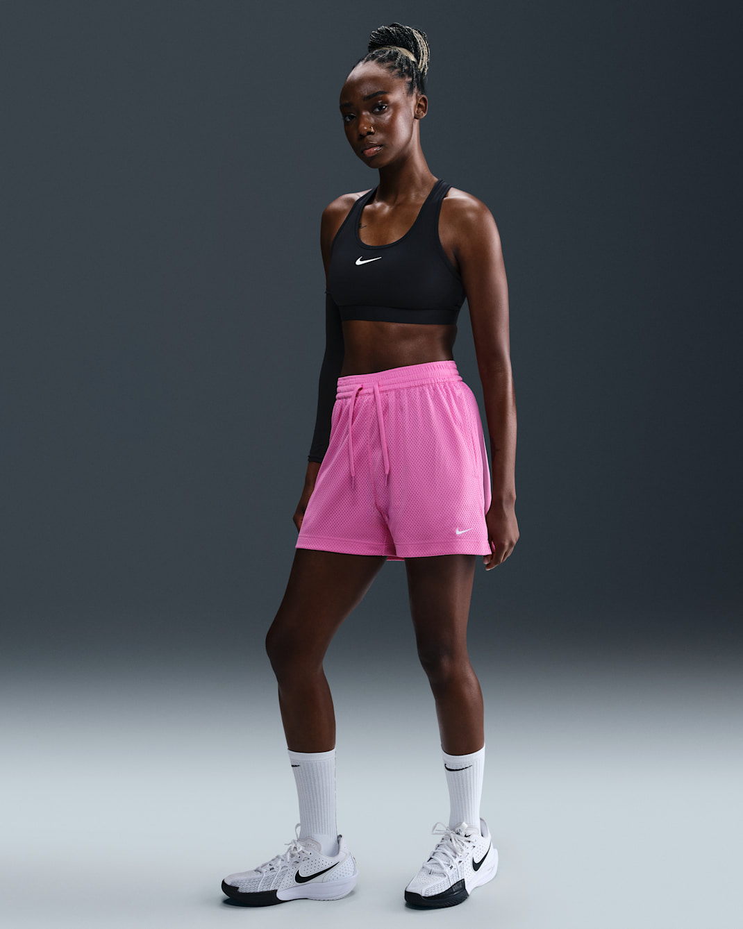 Shorts de básquetbol de malla Dri-FIT para mujer Nike Essential - Rosa alegre/Blanco