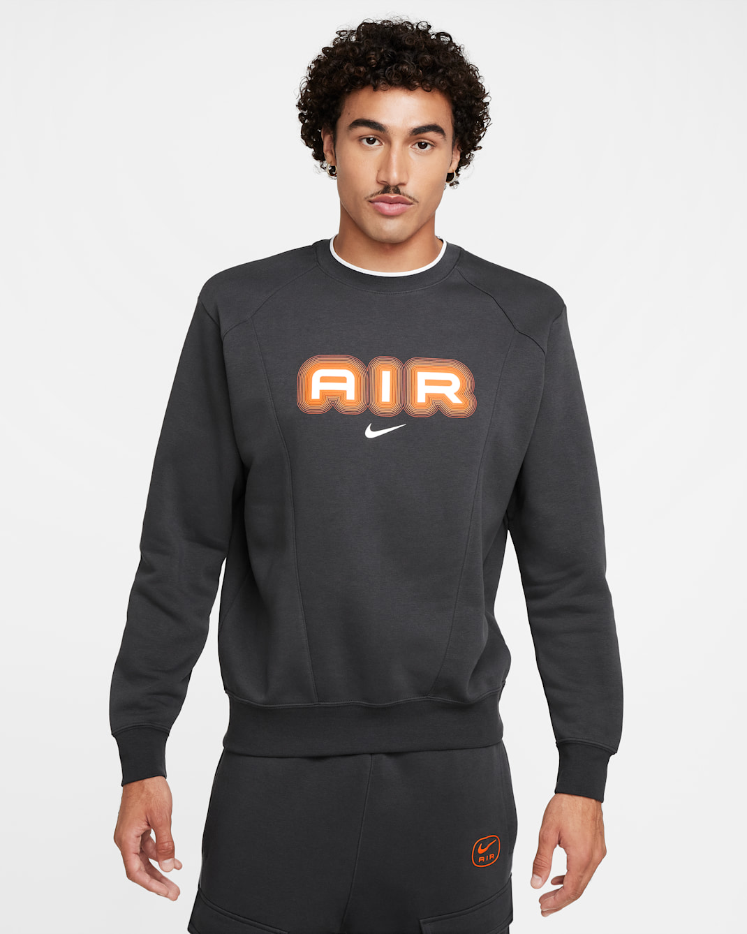 Nike Air-sweatshirt i fleece med rund hals til mænd - Anthracite/Safety Orange