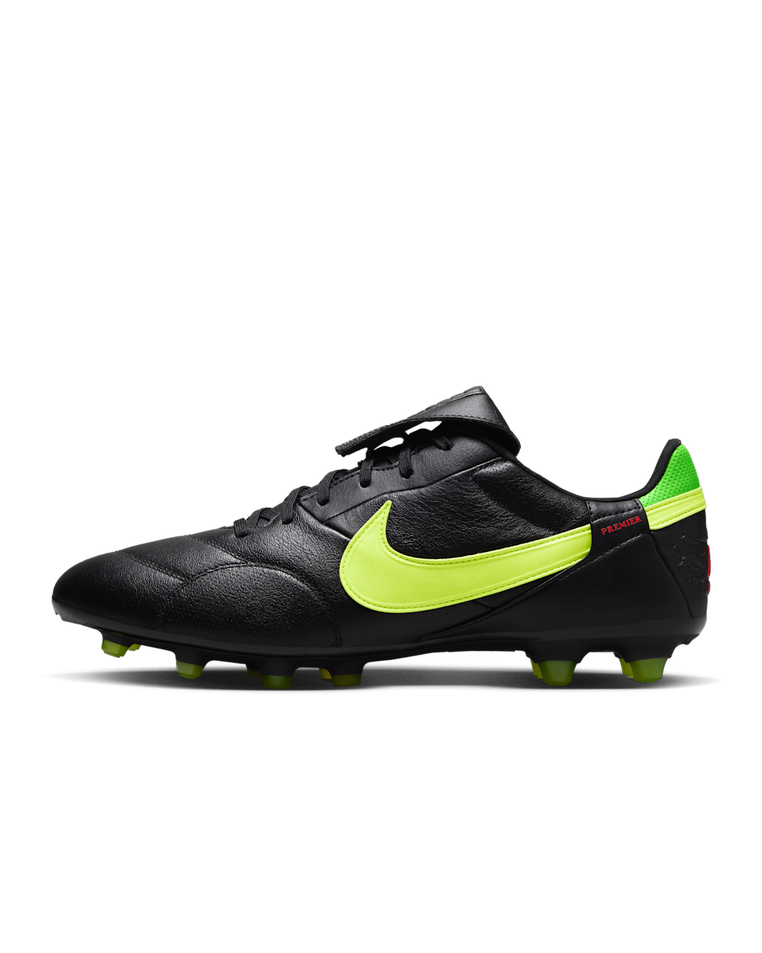 Tacos de fútbol para terreno firme de corte low Nike Premier 3 - Negro/Verde strike/Carmesí brillante/Volt