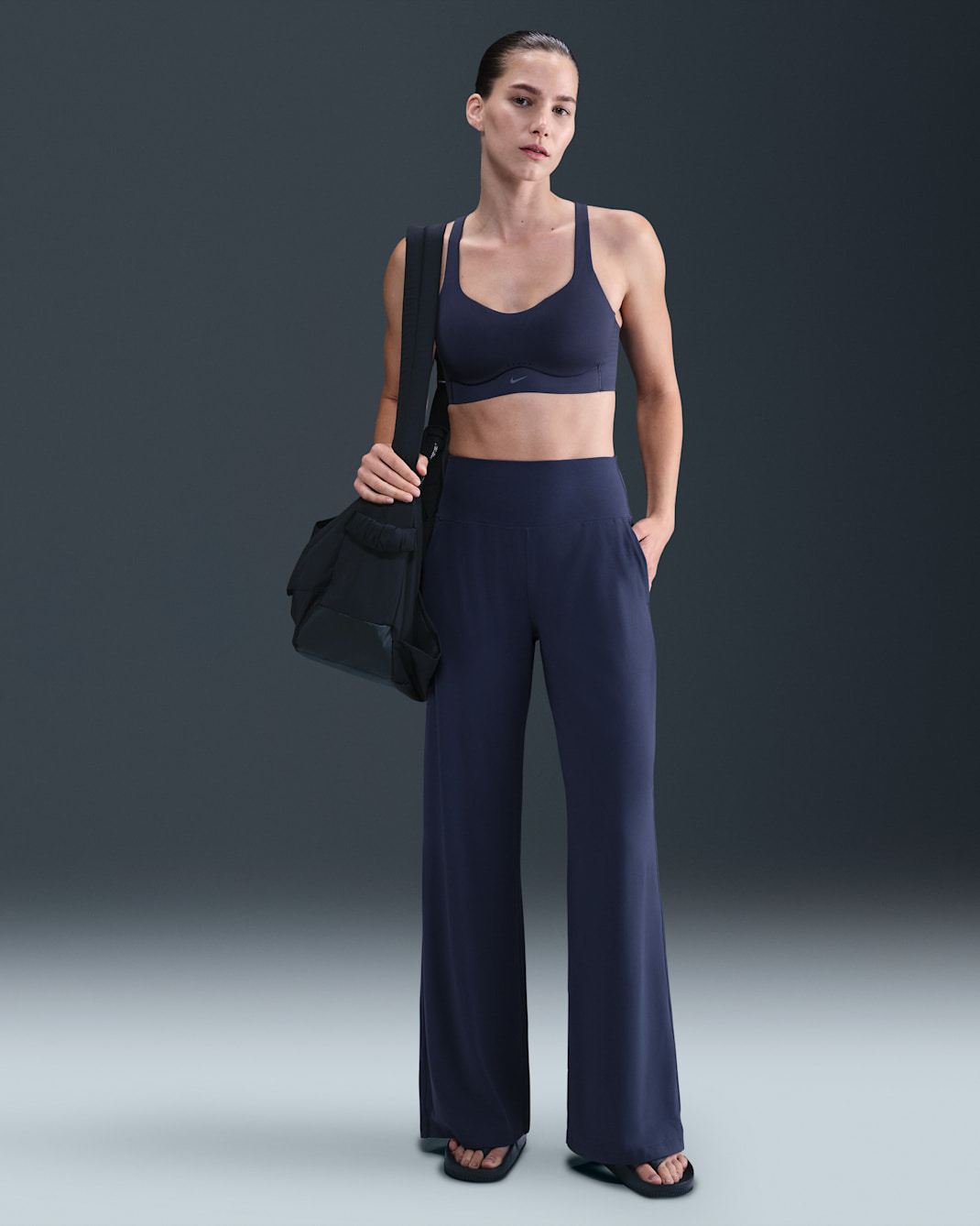 Nike Zenvy Women's Dri-FIT High-Waisted Wide-Leg Trousers - Midnight Navy/White