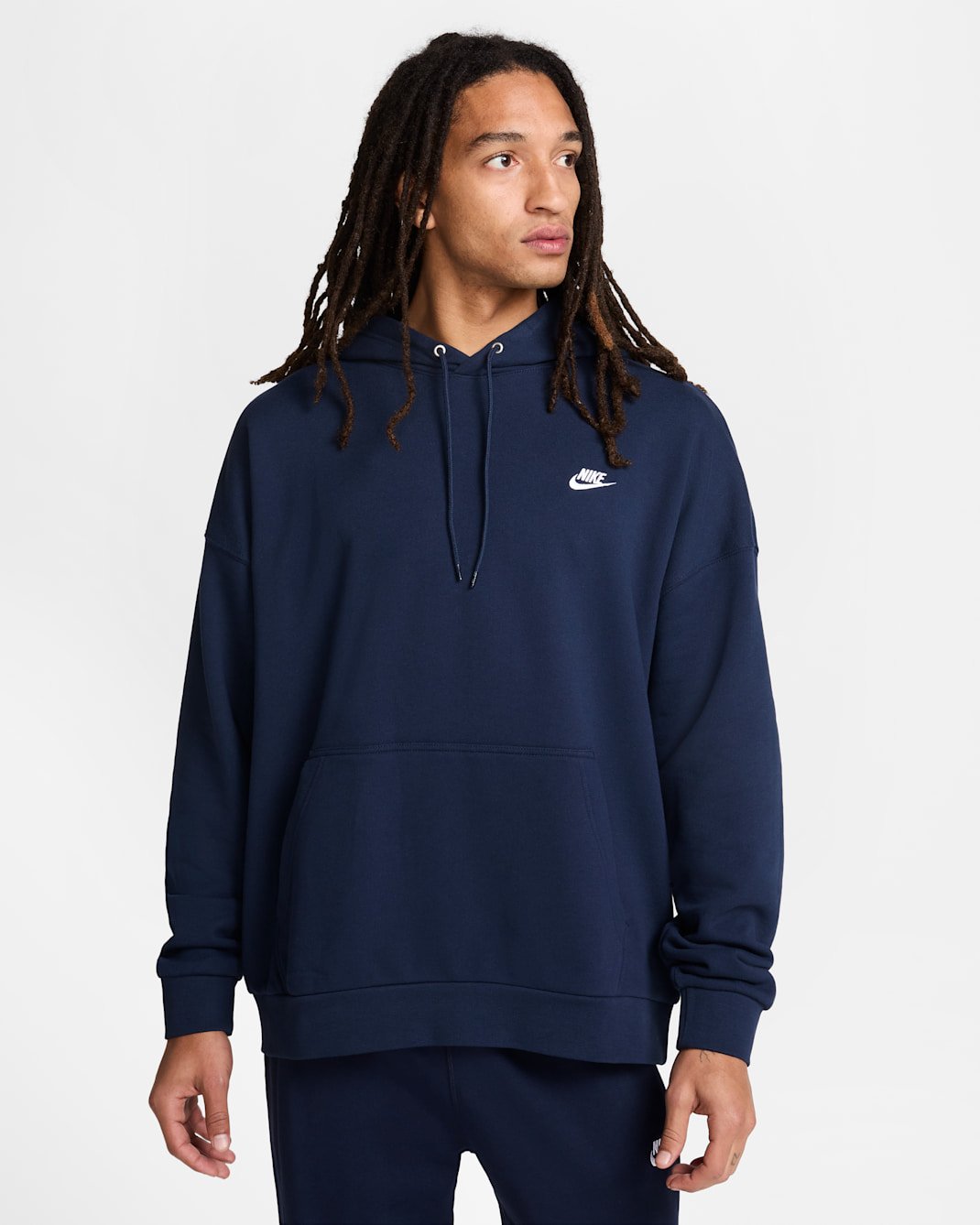 Męska bluza z kapturem z dzianiny dresowej o kroju oversize Nike Club Fleece - Obsidian/Obsidian/Biel
