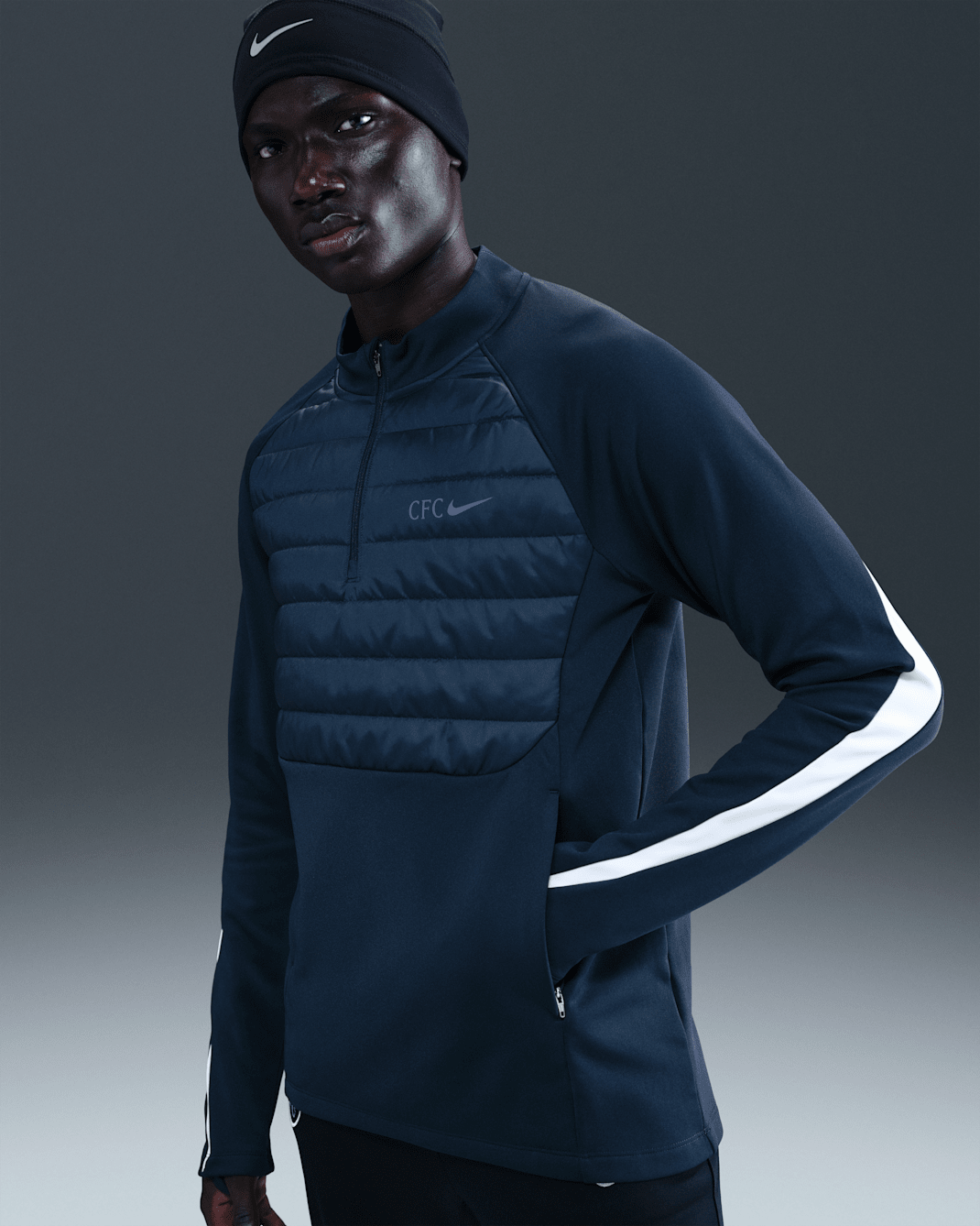 Chelsea FC Academy Winter Warrior Nike Therma-FIT-fodboldtræningstrøje til mænd - Obsidian/Phantom/Rush Blue