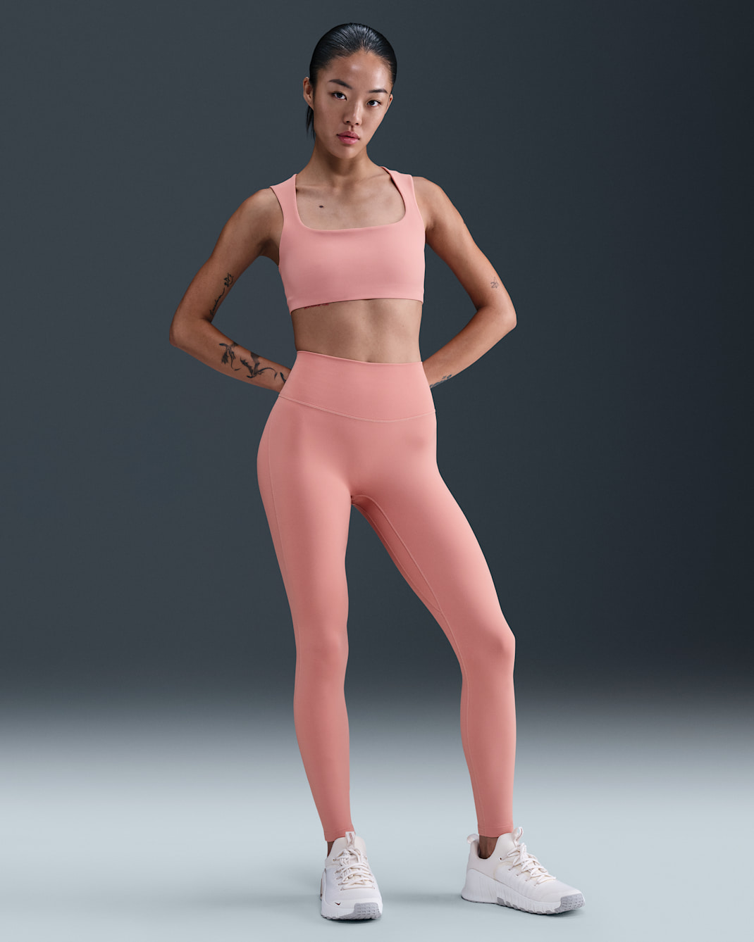 나이키 원 심리스 프론트 여성 하이웨이스트 풀 렝스 레깅스 - 러스트 핑크/화이트
