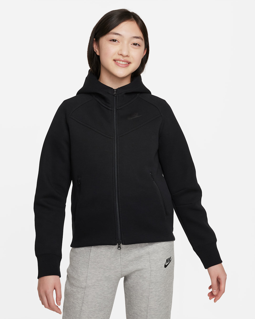 Sudadera con gorro de cierre completo para niñas talla grande Nike Sportswear Tech Fleece - Negro/Negro/Negro