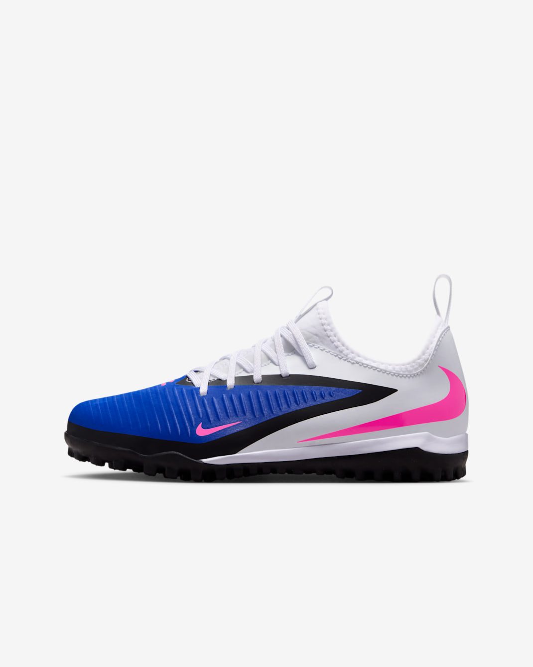 Tacos de fútbol para pasto sintético (turf) para niños grandes Nike Jr. Phantom 6 Low Academy - Azul carrera/Blanco/Avalancha rosa