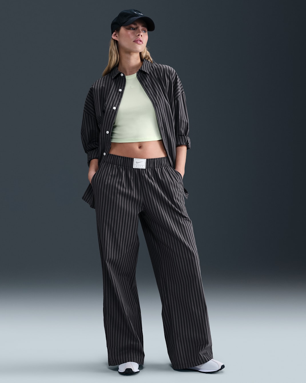 Nike Sportswear Chill Poplin Women's Mid-Rise Loose Striped Trousers - Black/Thunder Grey/Black