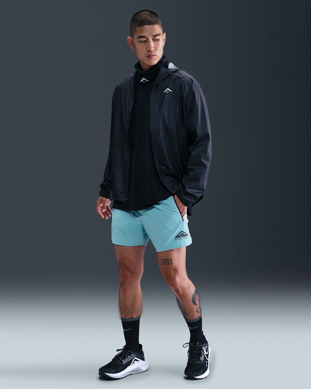 กางเกงวิ่งเทรลขาสั้น 5 นิ้วมีซับในผู้ชาย Nike Dri-FIT - Denim Turquoise/Khaki/ดำ