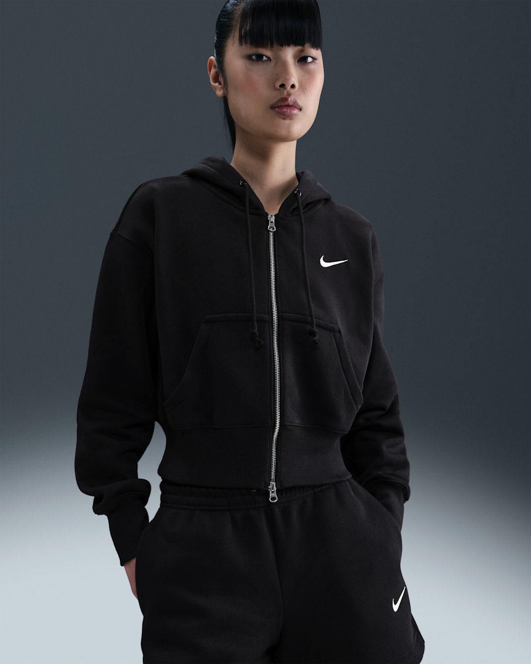 Nike Sportswear Phoenix Fleece Women's Loose Full-Zip Cropped Hoodie - Black/Sail