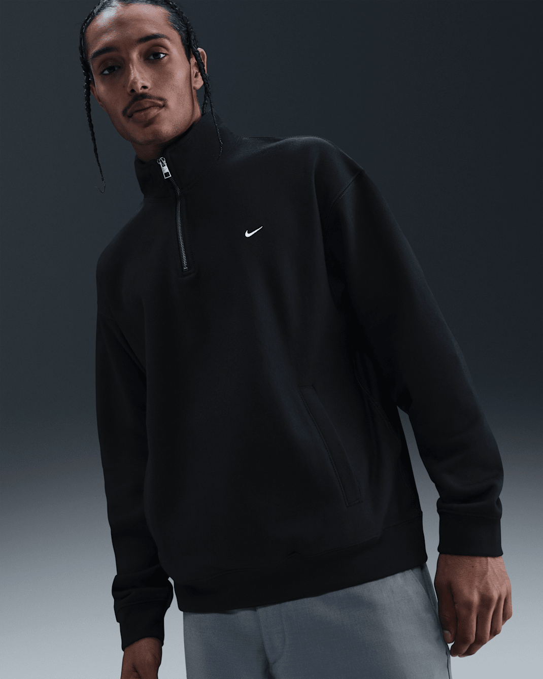 Nike Solo Swoosh Fleece-Oberteil mit Viertelreißverschluss (Herren) - Schwarz/Schwarz/Weiß