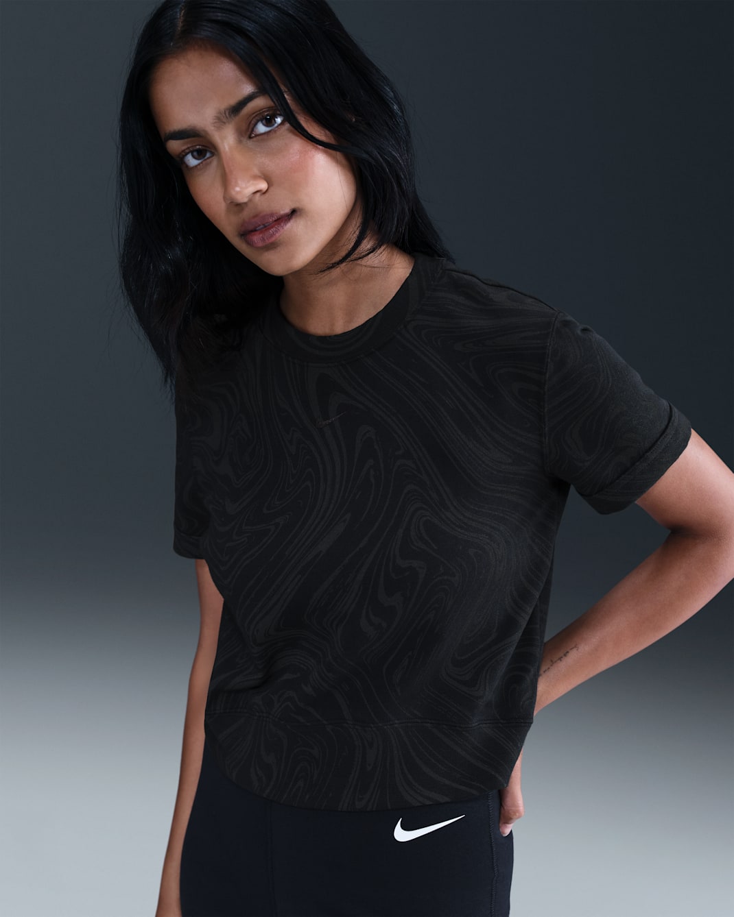 Playera de manga corta de French Terry estampada para mujer Nike Sportswear Chill Terry - Negro/Negro