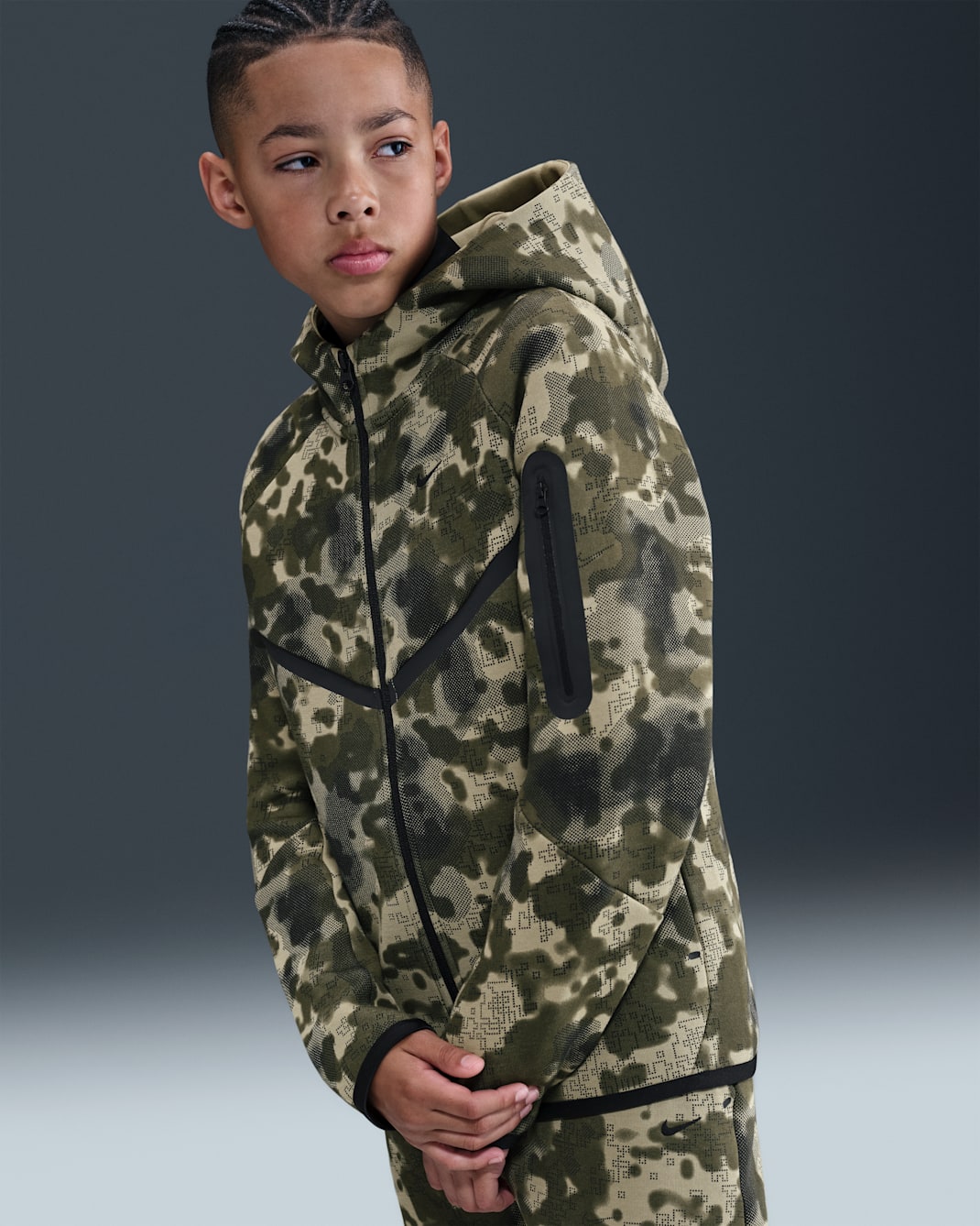 Nike Tech Big Kids' (Boys') Full-Zip Camo Fleece Hoodie - Neutral Olive/Neutral Olive/Black/Black