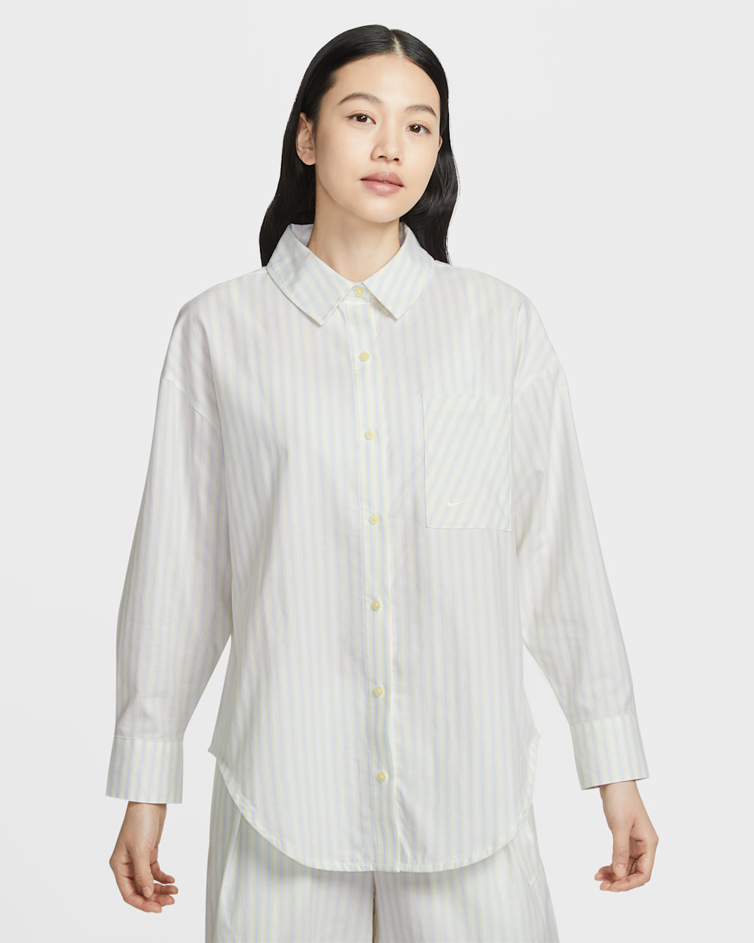 Nike Sportswear Chill Poplin Women's Oversized Woven Long-Sleeve Striped Top - Alabaster/Hydrogen Blue/Summit White