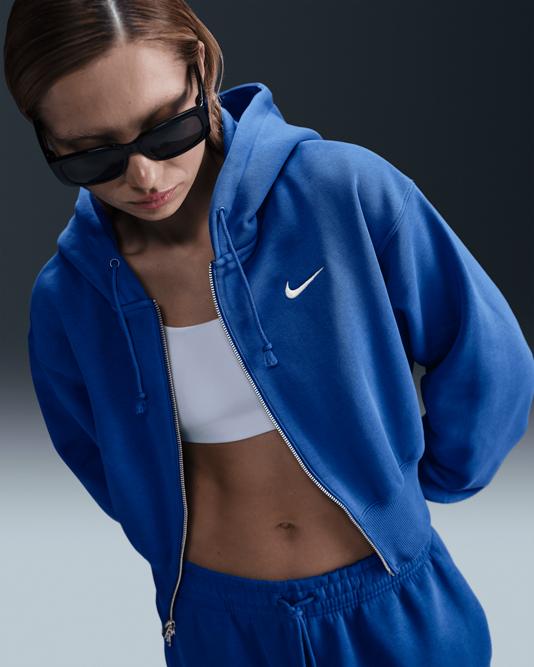 Sudadera con gorro holgada cropped de cierre completo para mujer Nike Sportswear Phoenix Fleece - Royal juego/Vela