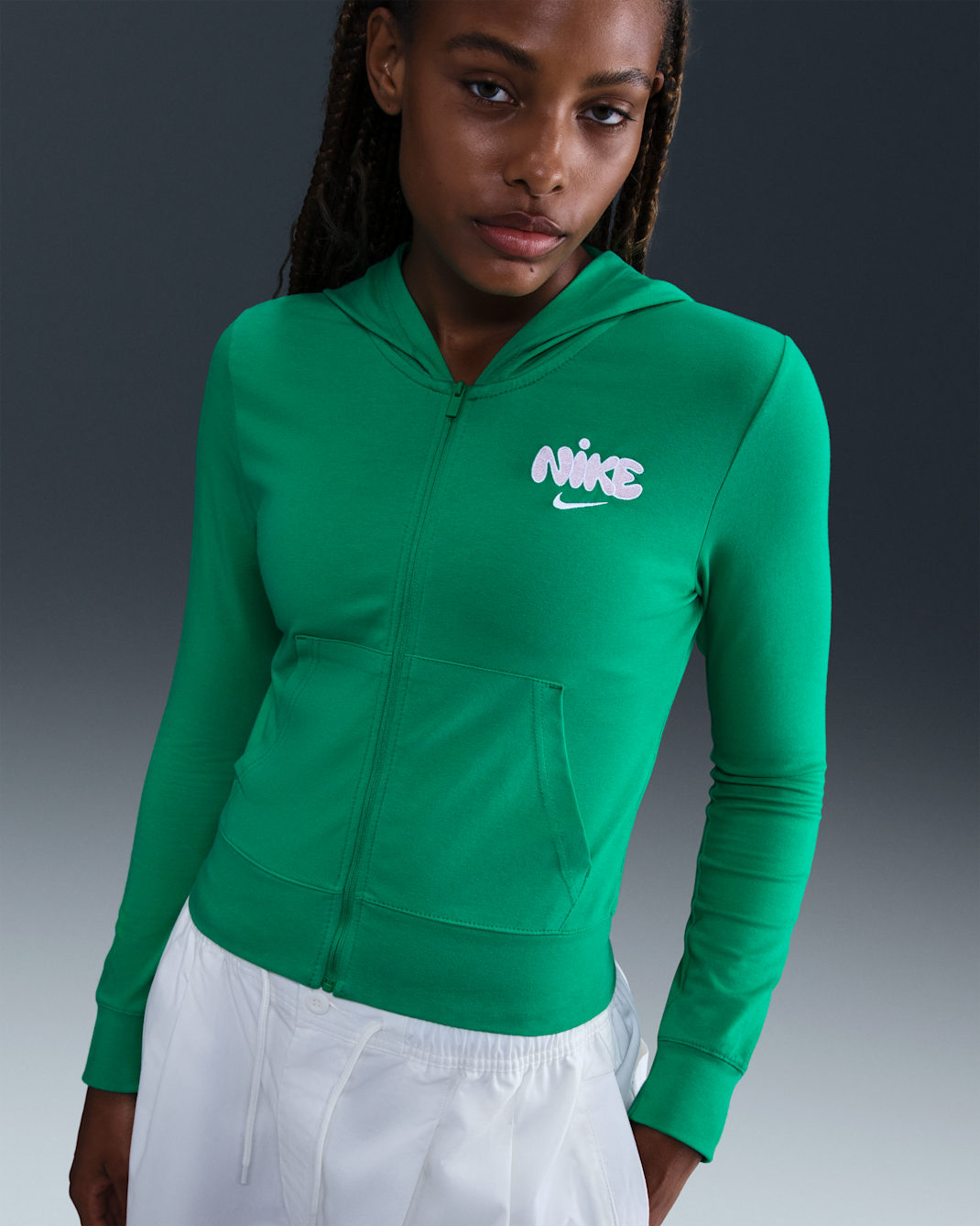 Nike Sportswear Women's Full-Zip Hooded Long-Sleeve Top - Stadium Green/Pink Foam