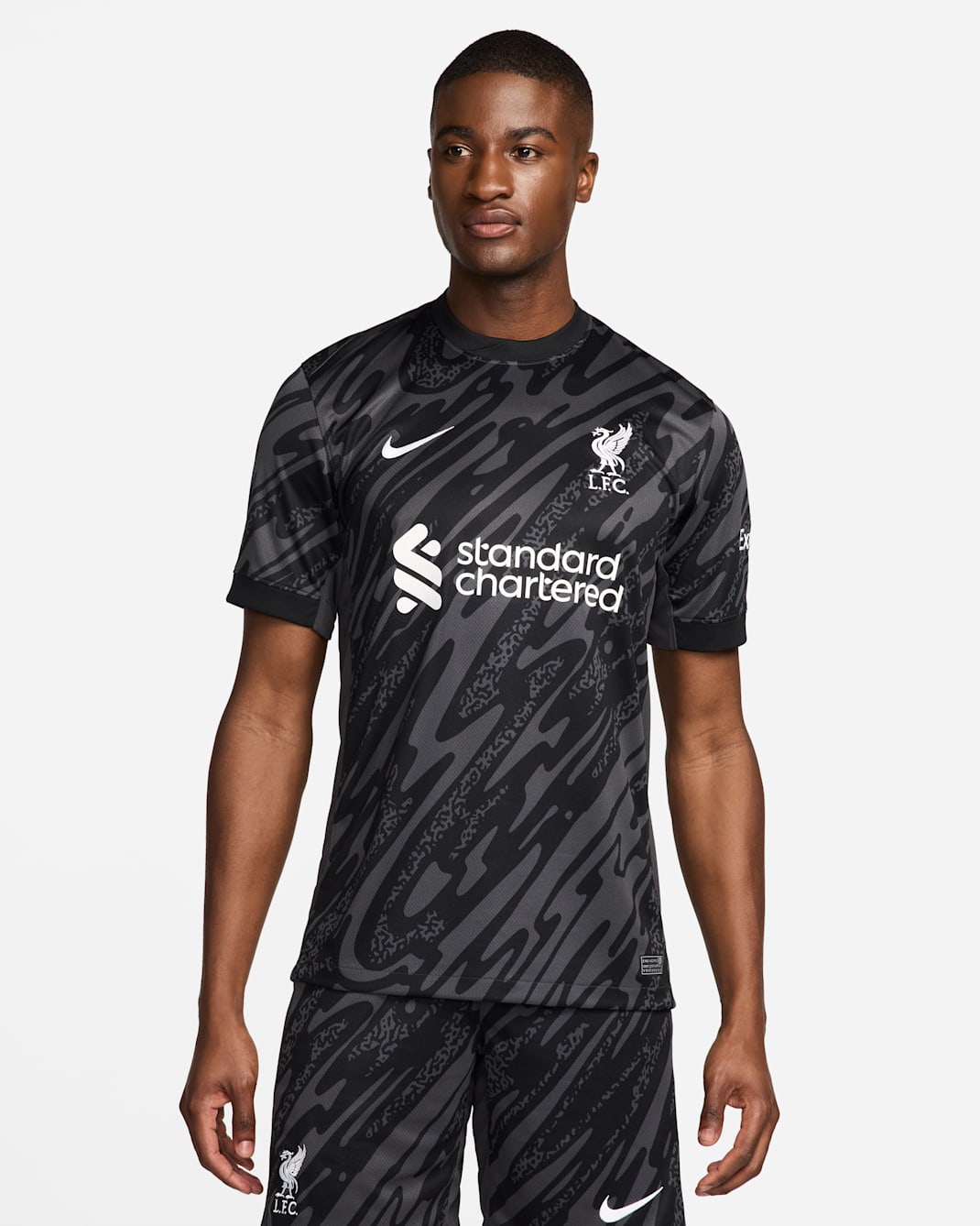 เสื้อแข่งฟุตบอลแขนสั้น Replica ผู้ชาย Nike Dri-FIT Liverpool FC Stadium Goalkeeper - Anthracite/ดำ/ขาว