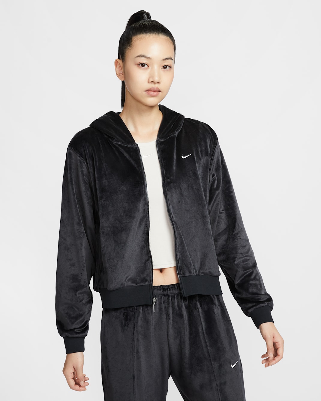 나이키 스포츠웨어 칠 니트 여성 루즈 벨루어 풀집 후디 - 블랙/세일