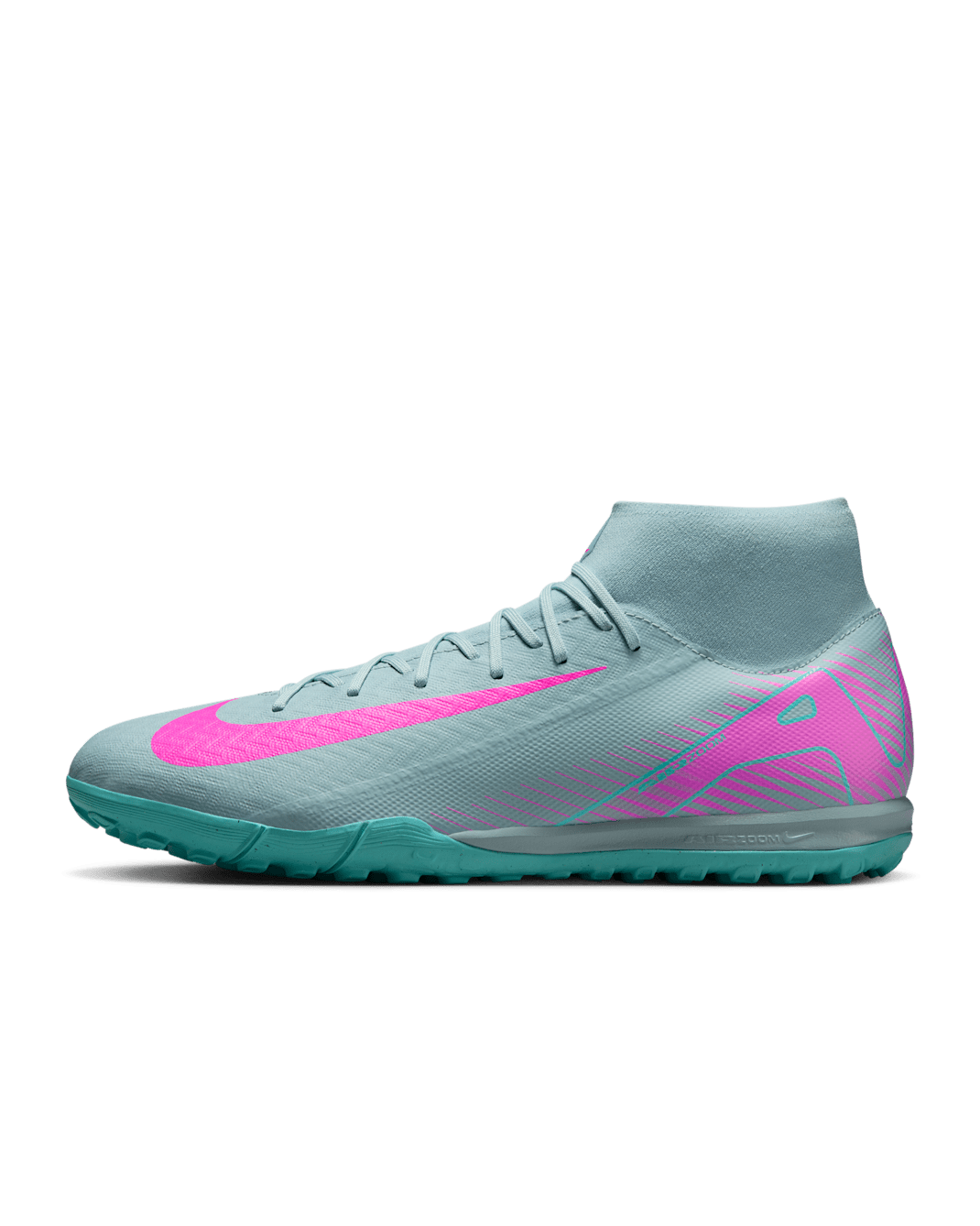 Tacos de fútbol para pasto sintético (turf) de corte high Nike Mercurial Superfly 10 Academy - Cubo océano/Avalancha rosa