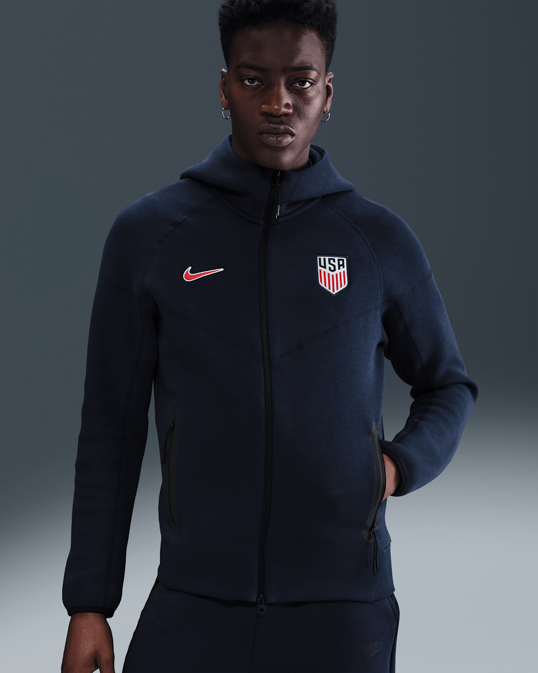 USMNT Tech Windrunner Men's Nike Soccer Fleece Full-Zip Hoodie - Obsidian/Challenge Red