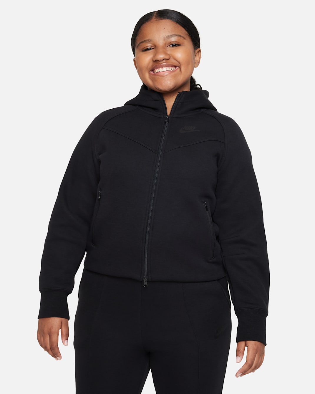 Nike Sportswear Tech Fleece Big Kids' (Girls') Full-Zip Hoodie (Extended Size) - Black/Black/Black