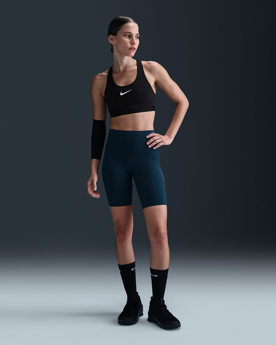 Nike Universa Women's High-Waisted 8" Biker Shorts with No Front Seam - Armory Navy/Anthracite/Rift Blue
