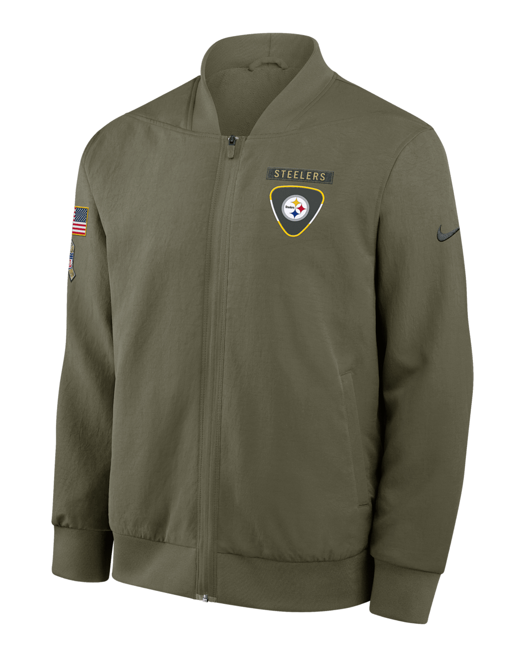 Chamarra bomber Nike de la NFL de cierre completo para hombre Pittsburgh Steelers Salute to Service Sideline - Oliva