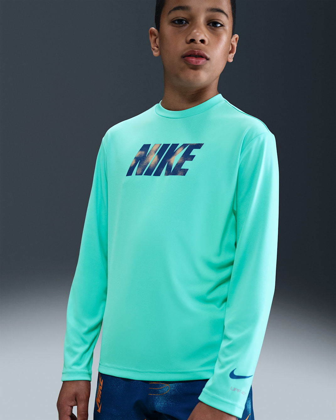 나이키 스윔 하이드로가드 주니어(남아) 드라이 핏 긴팔 탑 - 블리치트 터콰이즈/그린 어비스