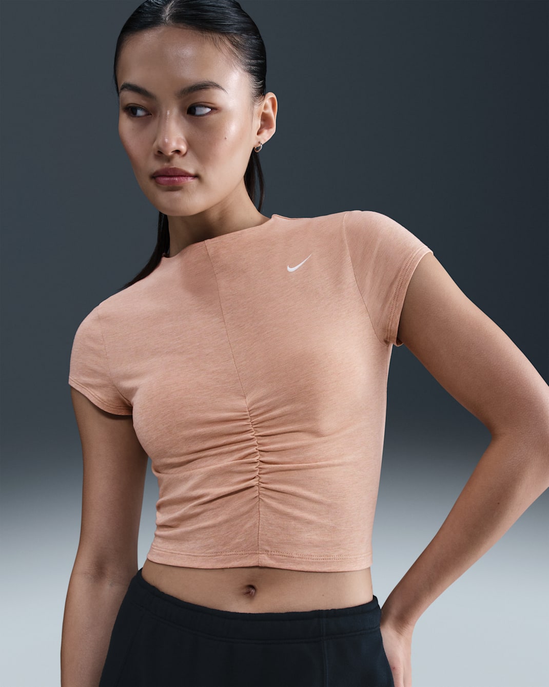 ナイキ スポーツウェア チル ニット ウィメンズ タイト ショートスリーブ クロップド モックネック トップ - ローズゴールド/ヘザー/セイル