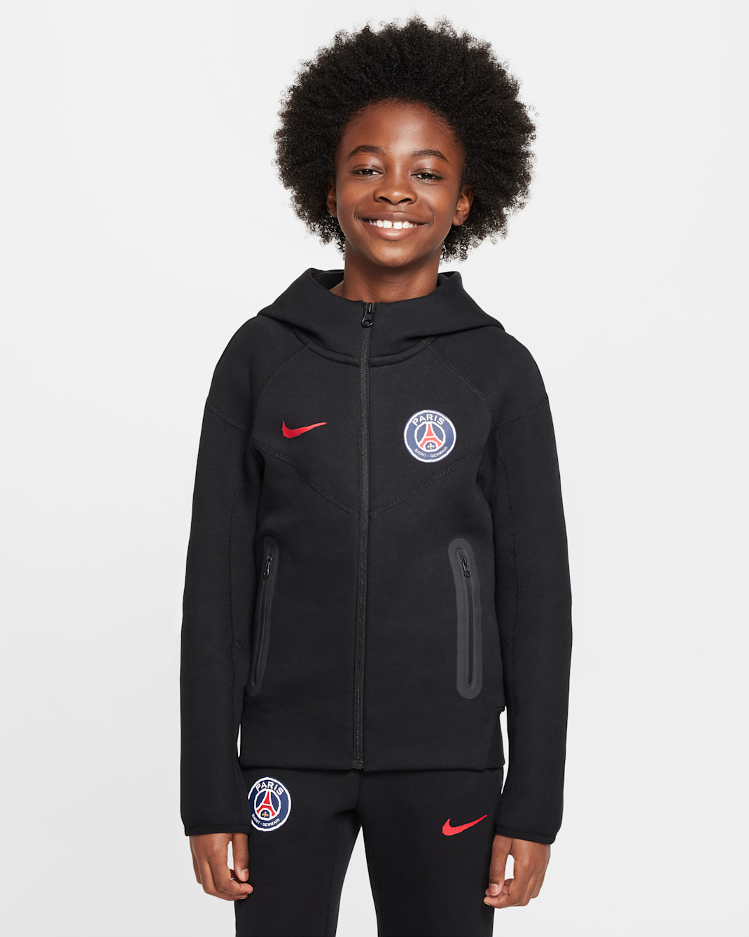 Paris Saint-Germain Tech Fleece Big Kids' (Boys') Nike Soccer Full-Zip Hoodie - Black/University Red