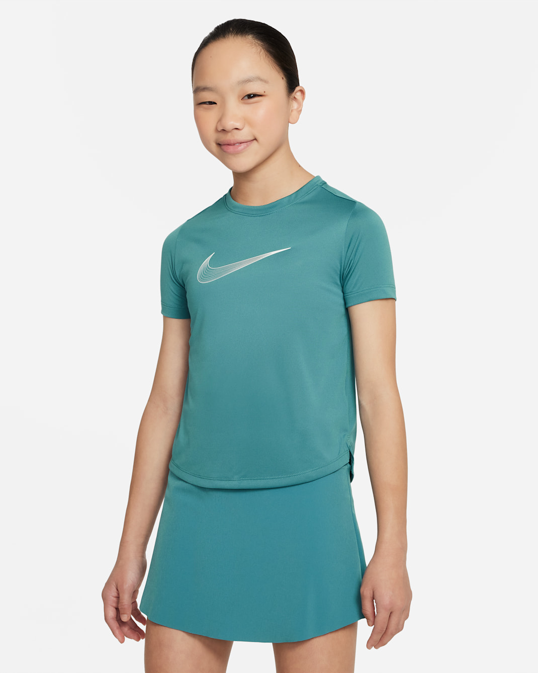 Nike One Older Kids' (Girls') Dri-FIT Short-Sleeve Training Top - Mineral Teal/White