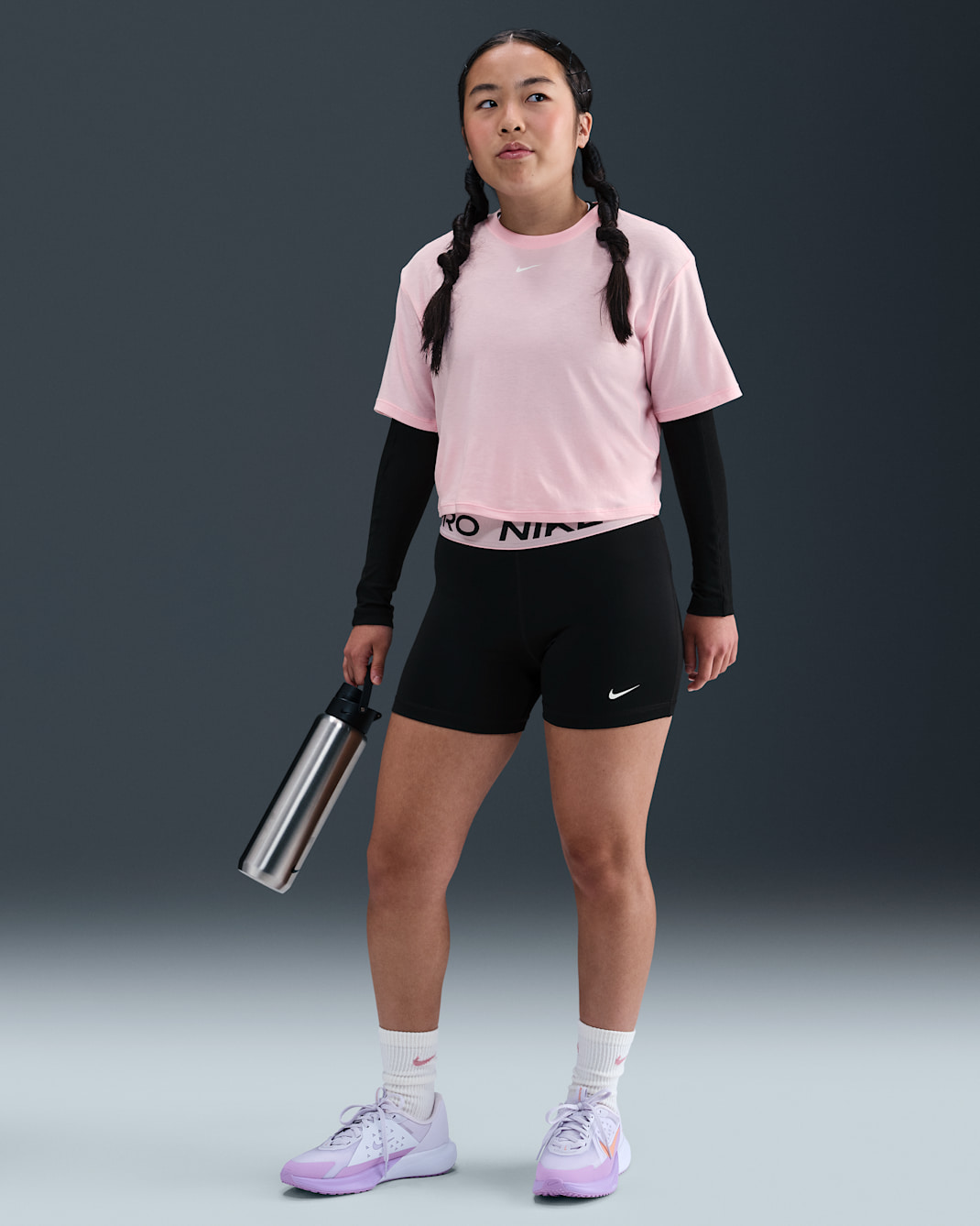 Nike Pro Girls' Dri-FIT Shorts (Extended Size) - Black/Medium Soft Pink/White
