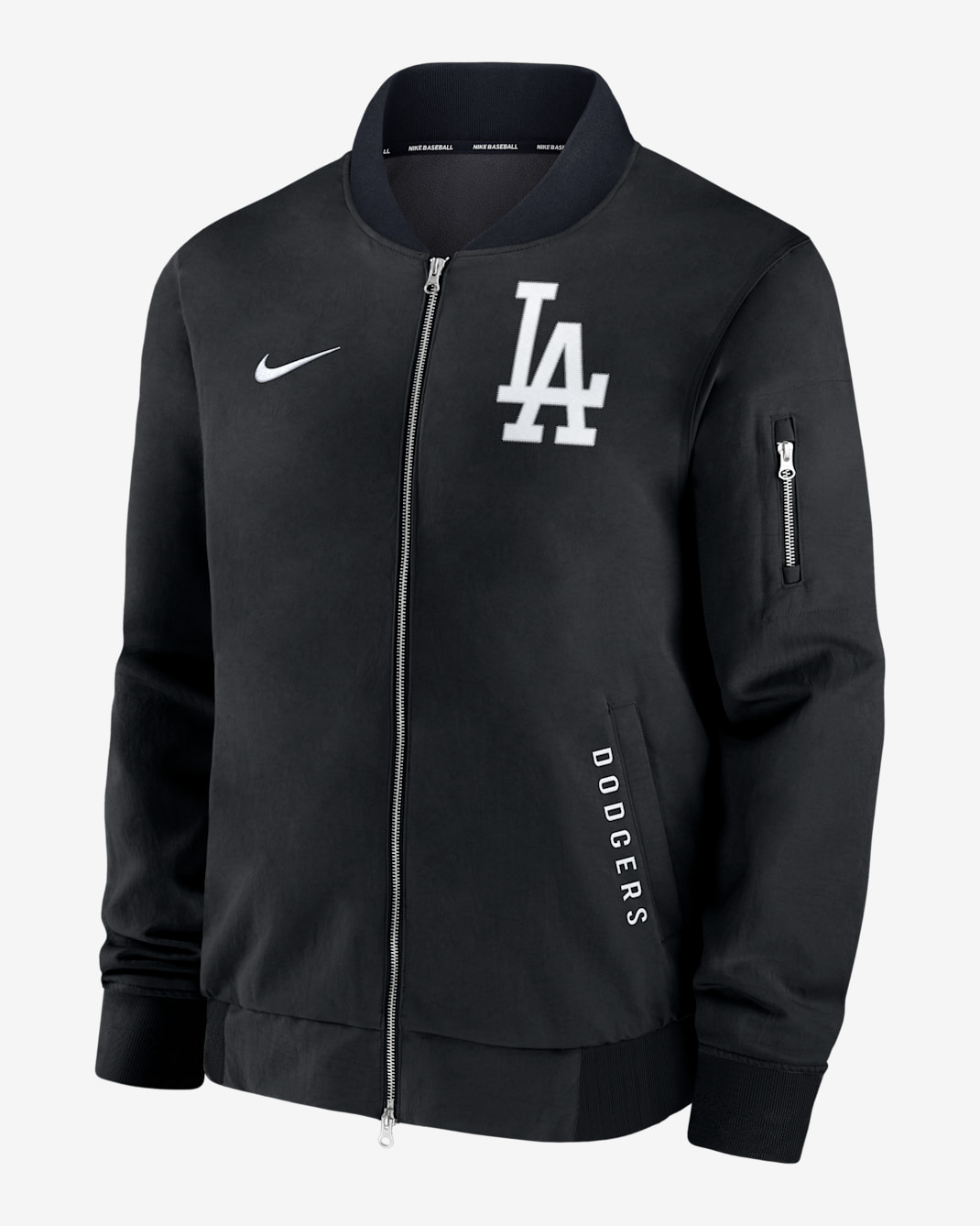 Chamarra bomber Nike de la MLB de cierre completo para hombre Los Angeles Dodgers Authentic Collection Dugout - Negro