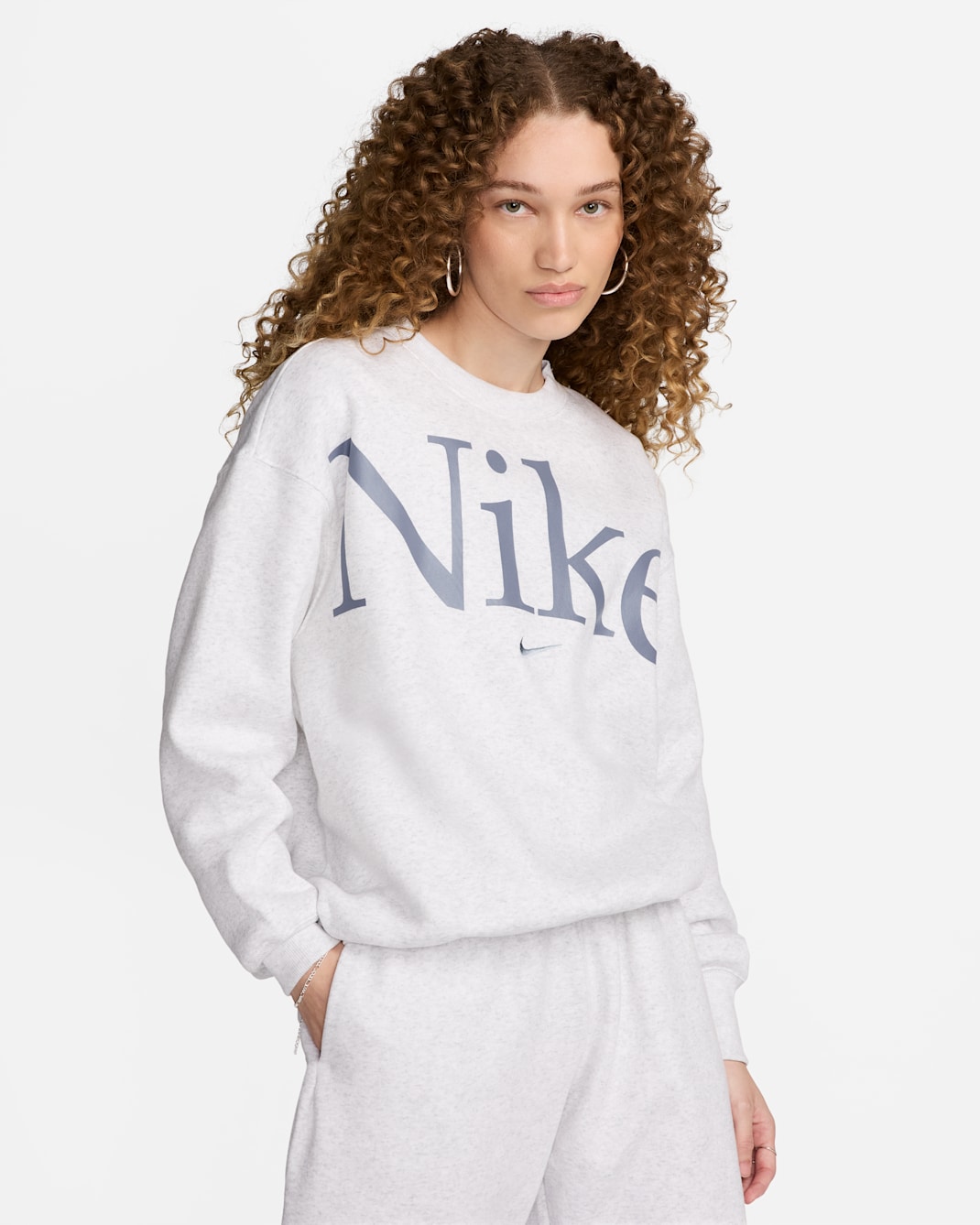 Nike Sportswear Phoenix Fleece Women's Oversized Crew-Neck Logo Sweatshirt - Birch Heather/Ashen Slate/Light Armory Blue
