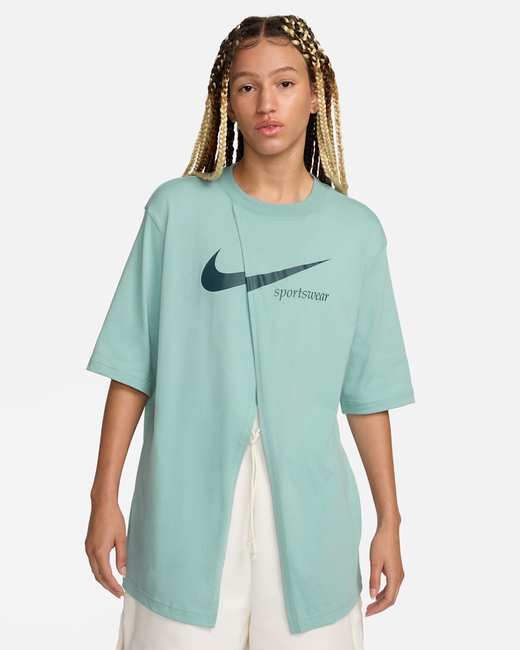Nike Sportswear Collection Women's Oversized Slit Short-Sleeve Top - Mineral/Deep Jungle