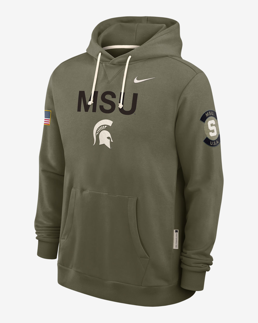Sudadera con gorro sin cierre universitaria Nike Dri-FIT para hombre Michigan State 2025 Military Appreciation - Oliva
