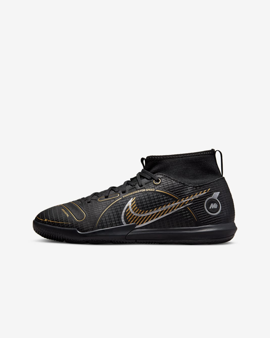 Nike Jr. Mercurial Superfly 8 Academy IC Little/Big Kids' Indoor/Court Soccer Shoes - Black/Metallic Silver/Medium Ash/Metallic Gold