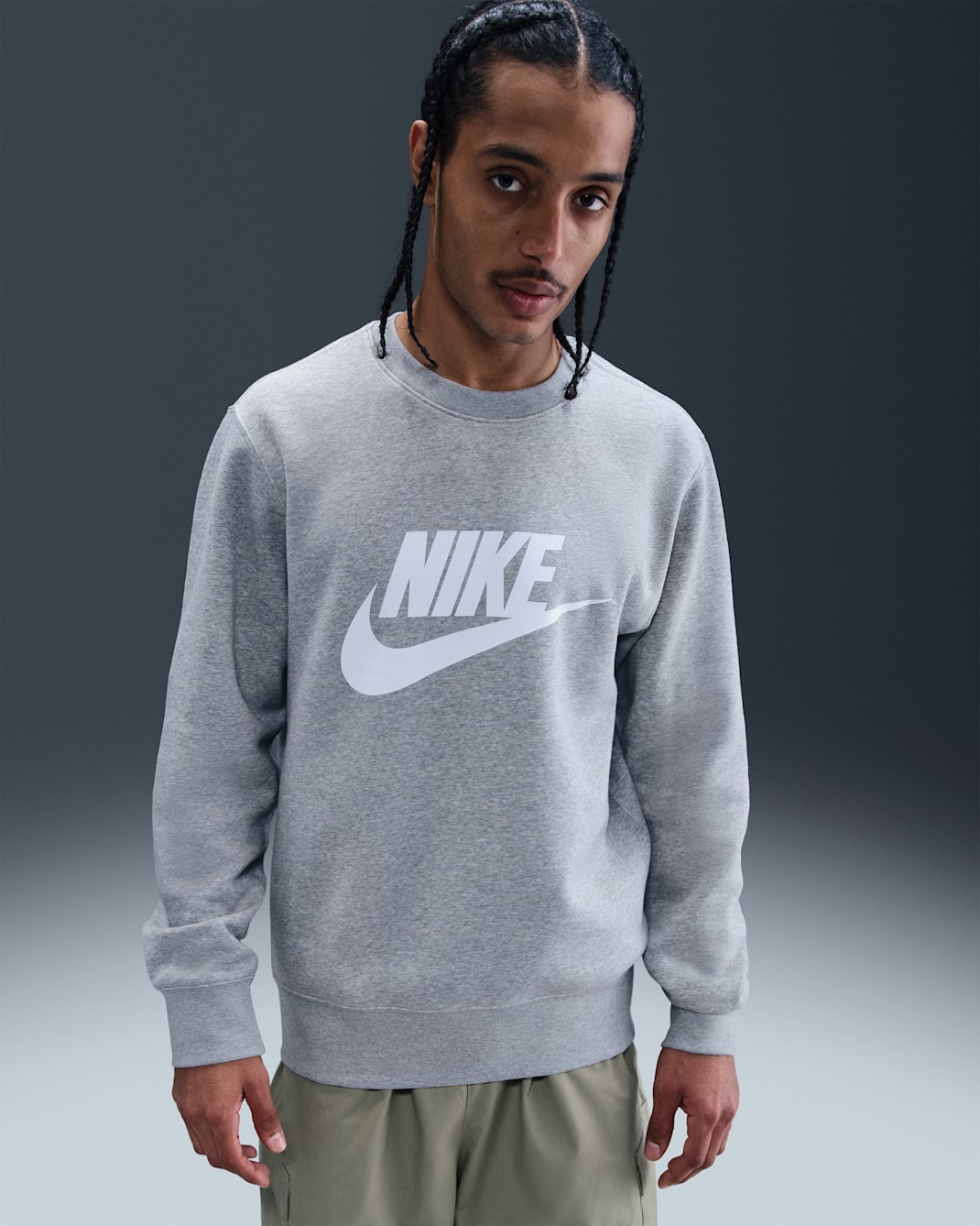 Nike Sportswear Club Men's Graphic Fleece Crew-Neck Sweatshirt - Dark Grey Heather/White