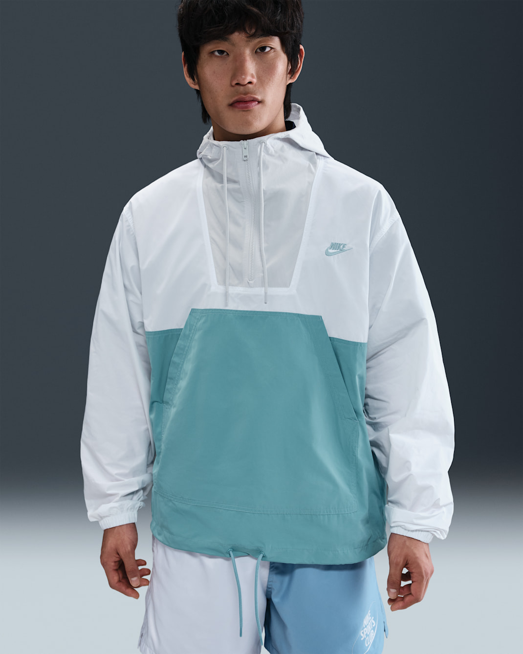 나이키 클럽 남성 마리나 아노락 풀오버 - 화이트/데님 터콰이즈/포톤 더스트/데님 터콰이즈
