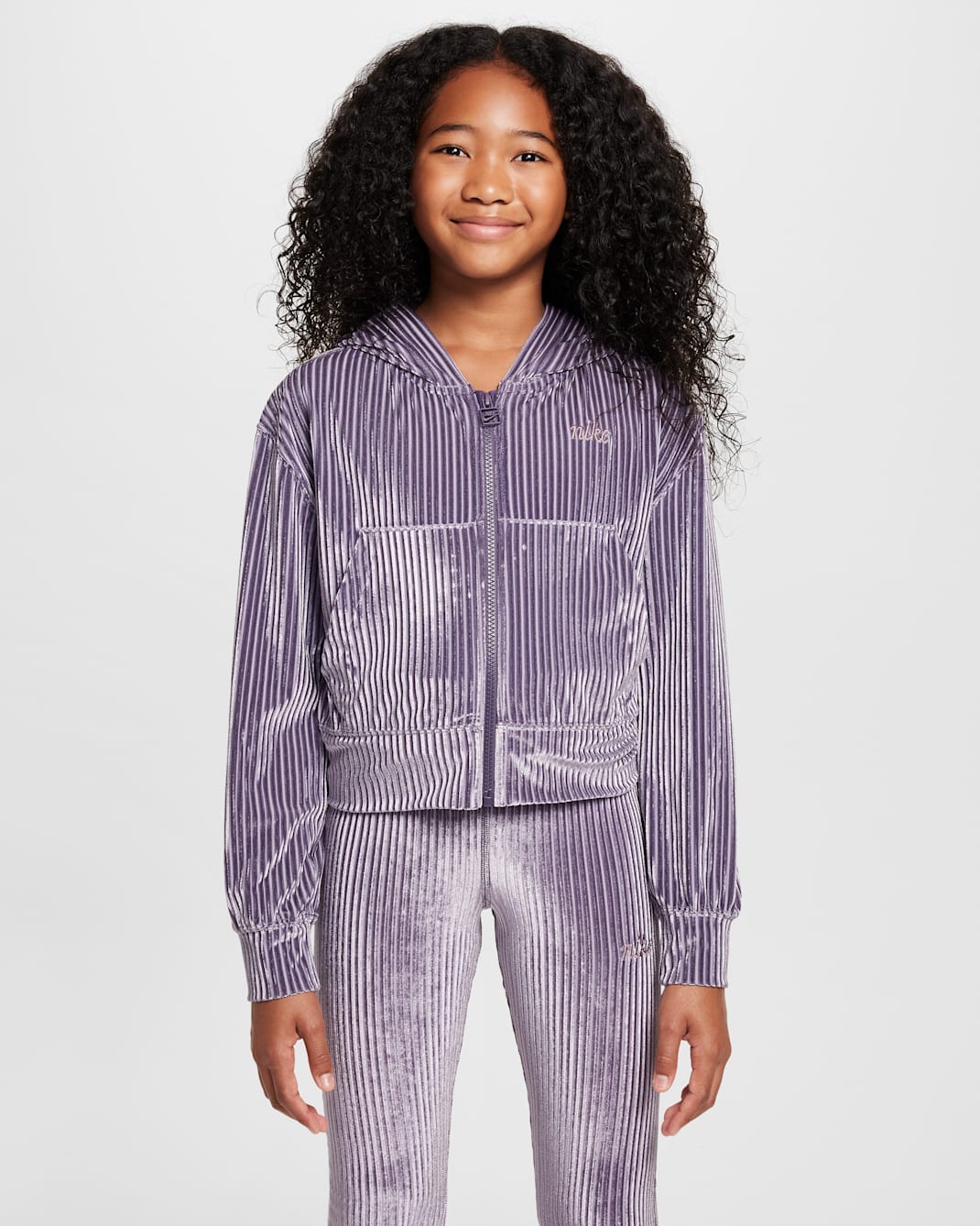 Nike Sportswear Big Kids' (Girls') Full-Zip Ribbed Hoodie - Dark Raisin/Taupe Grey
