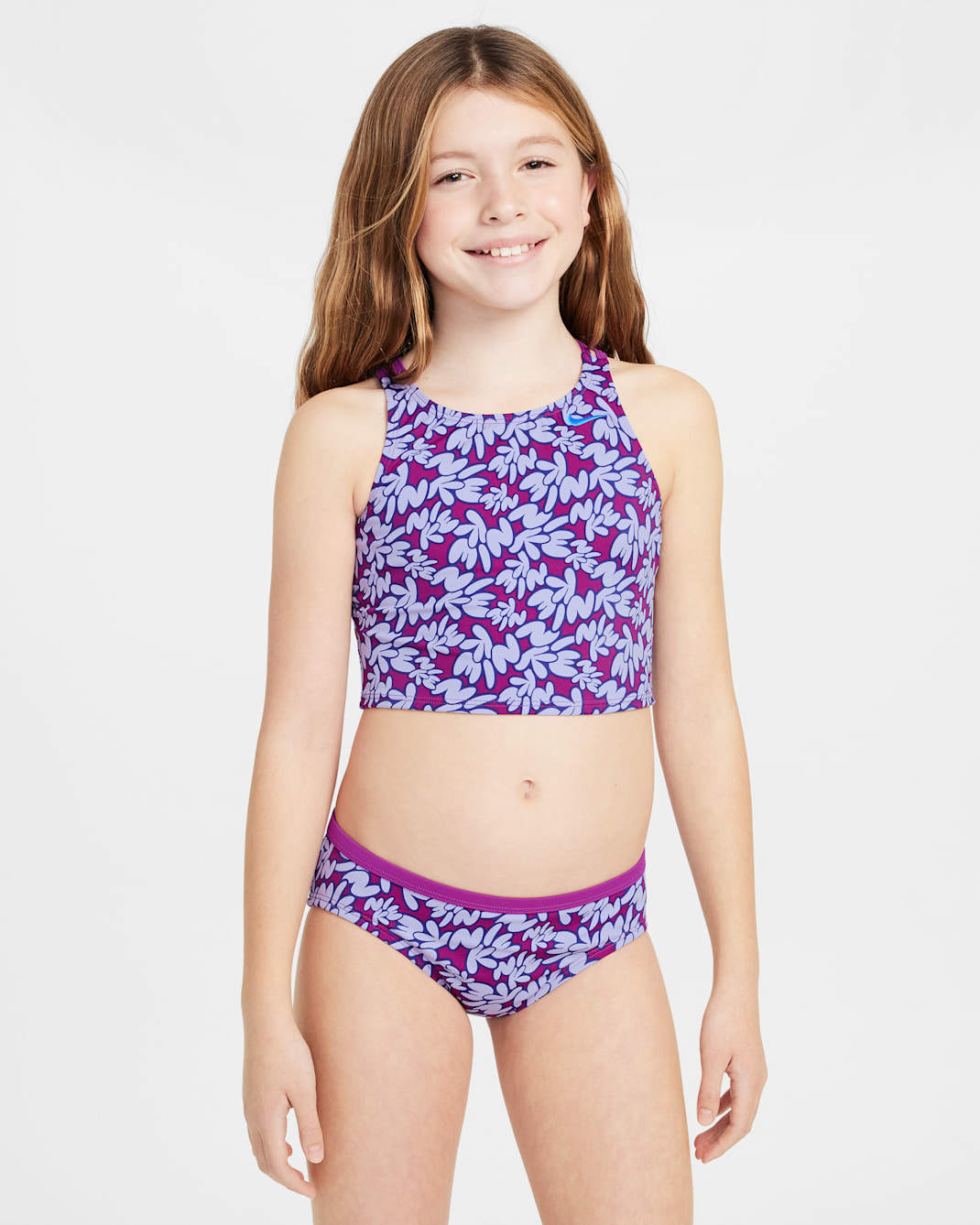 Conjunto de midkini con tirantes cruzados para niña talla grande Nike Swim - Morado vivo/Hortensias/Noche intenso/Azul universitario