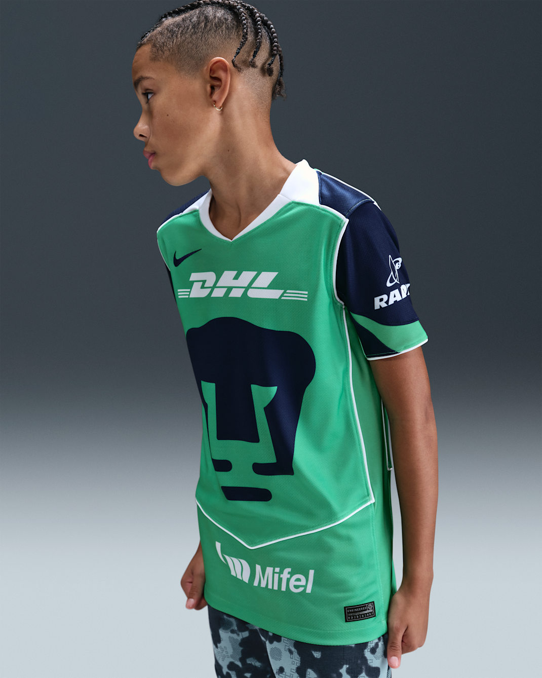 Pumas UNAM 2025/26 Stadium Third Big Kids' Nike Dri-FIT Total 90 Soccer Replica Jersey - Green Shock/Blue Void/White/Blue Void
