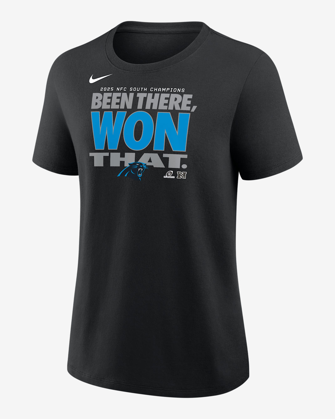 Carolina Panthers 2025 NFC South Champions Trophy Women's Nike NFL T-Shirt - Black
