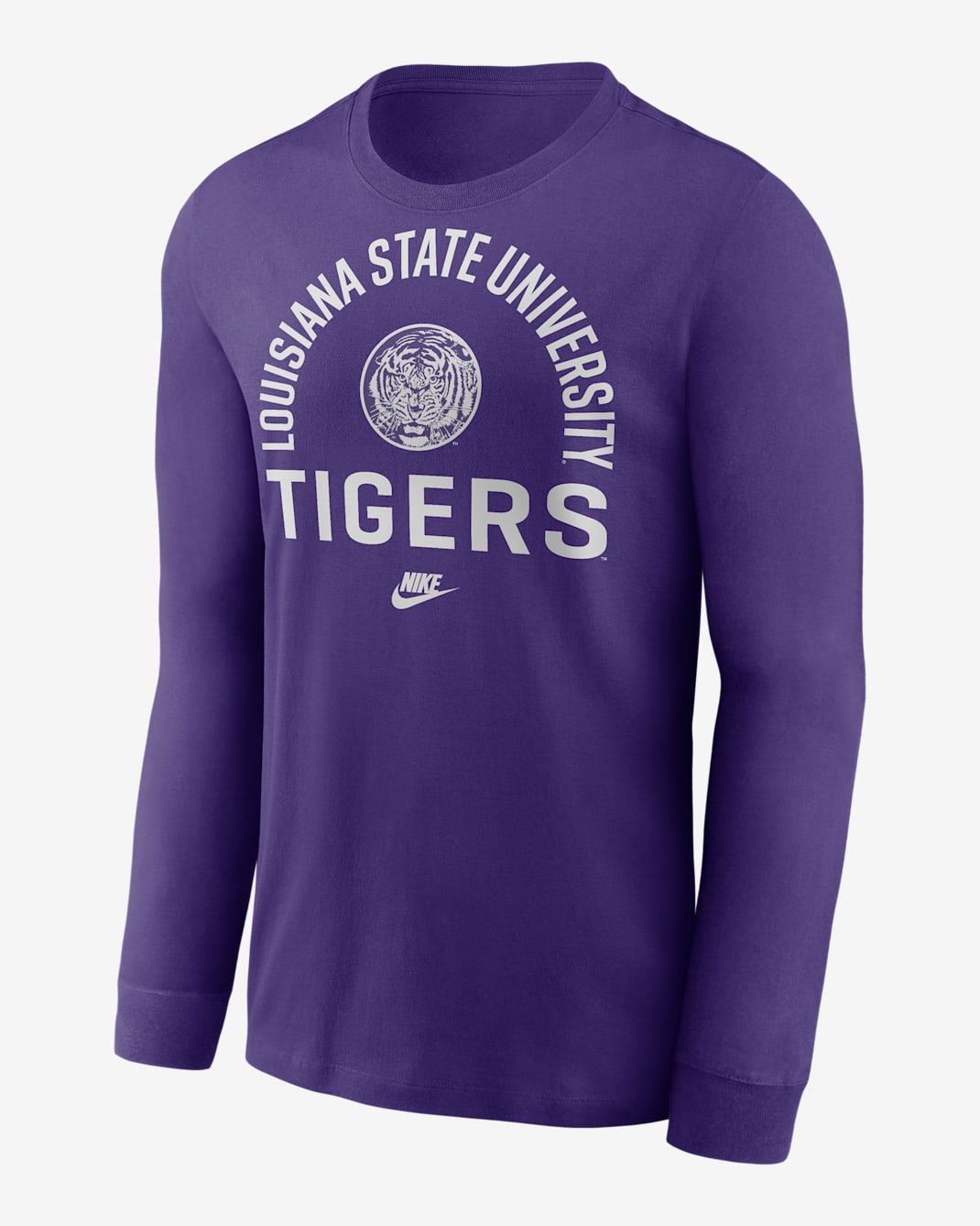 Playera de manga larga universitaria Nike para hombre LSU Legacy Arched Logo - Morado