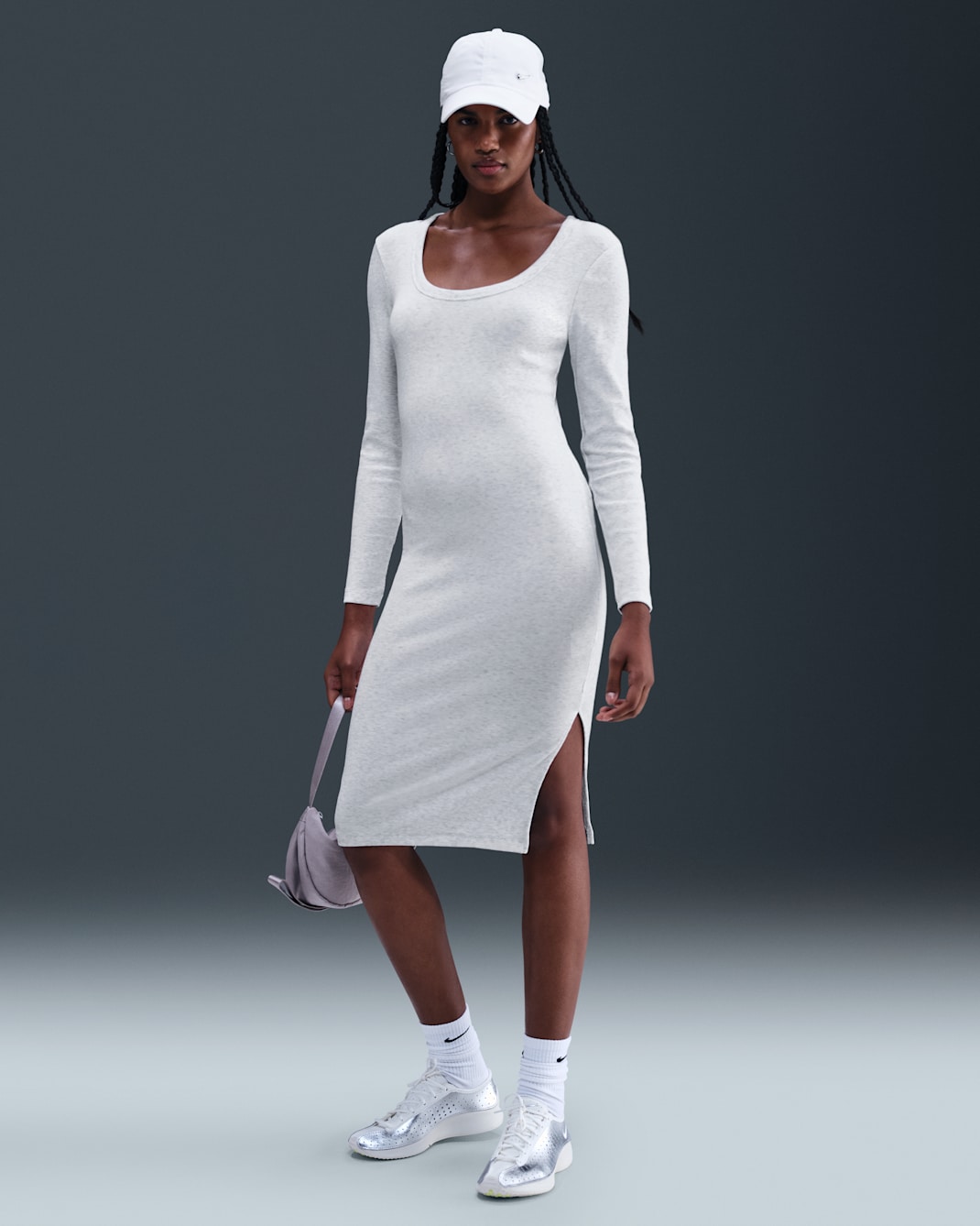 Nike Sportswear Chill Knit Women's Tight Long-Sleeve Midi Mini-Rib Dress - Birch Heather/Light Orewood Brown